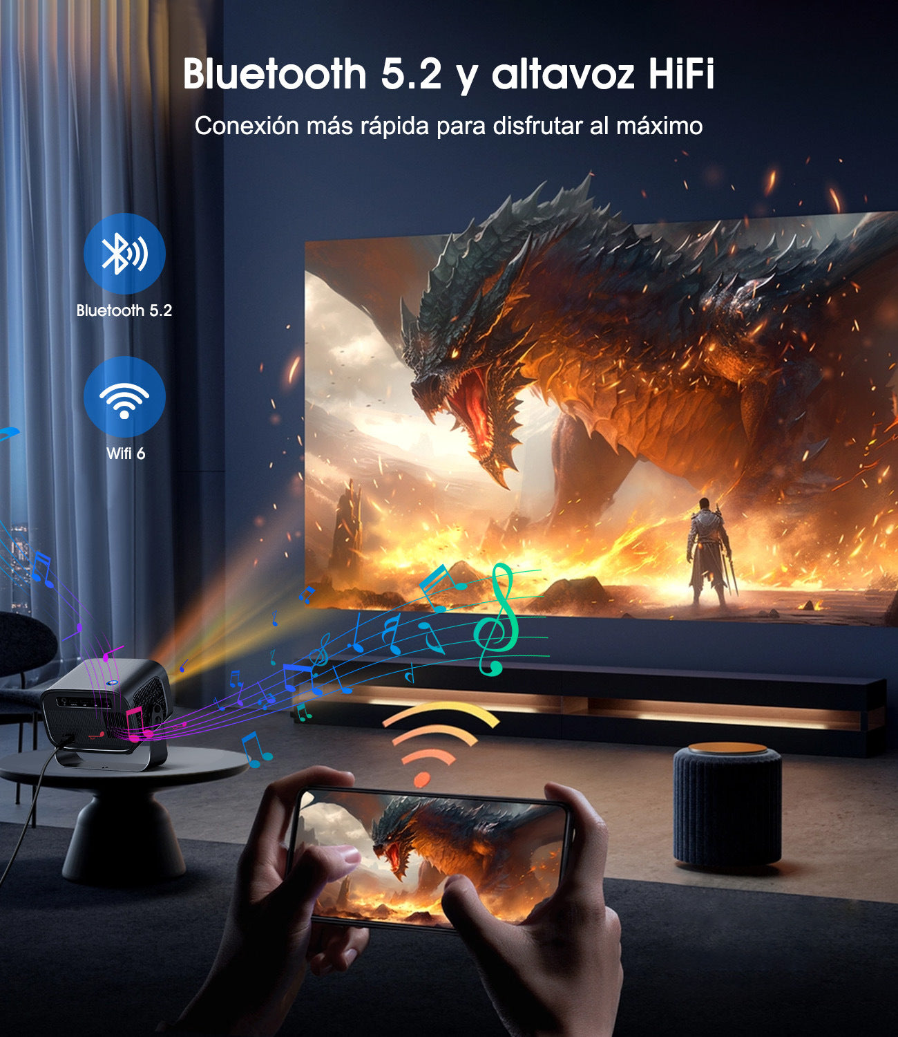 Smart Projector with Wifi and Bluetooth, Portable Movie Projector Support 4K, 5W Speaker, 30-200" Screen, Electric Focusing, Ceiling Mini Projector for Bedroom