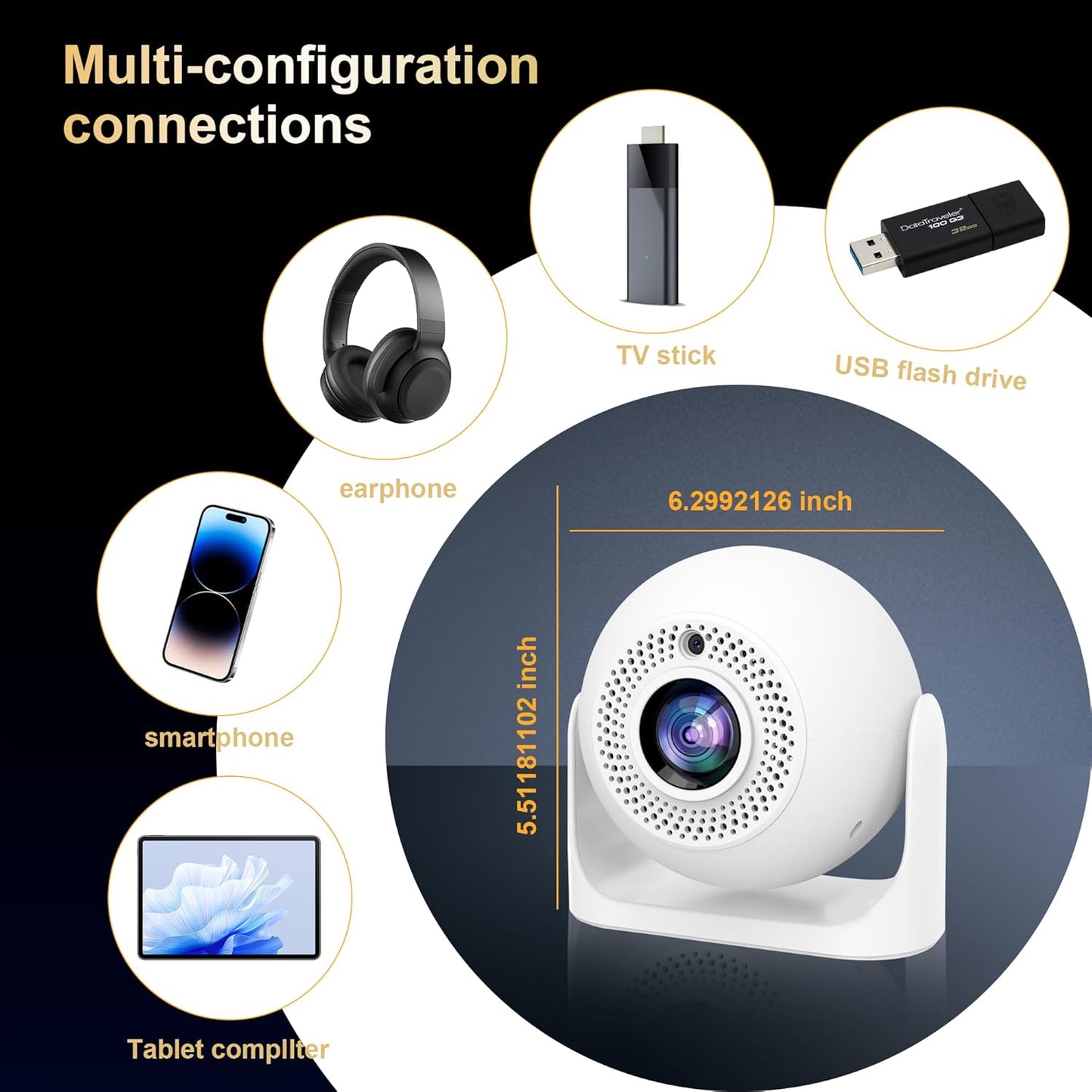 200 ANSI 1080P WiFi & Bluetooth Mini Portable Projector with Android 13 Auto Keystone Auto focus & 180° Rotation