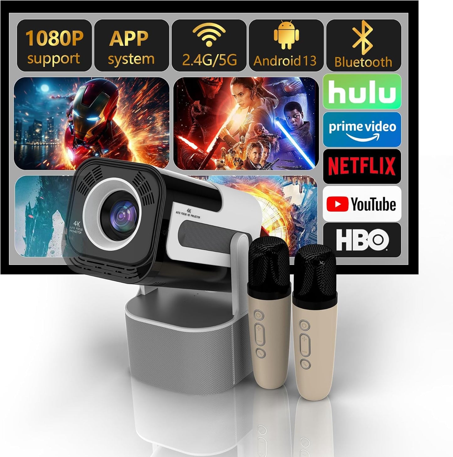 JY320 KTV Portable Video Projector with WiFi 720p Bluetooth Speaker & Mic Karaoke Fun Adjustable Stand for Home Entertainment