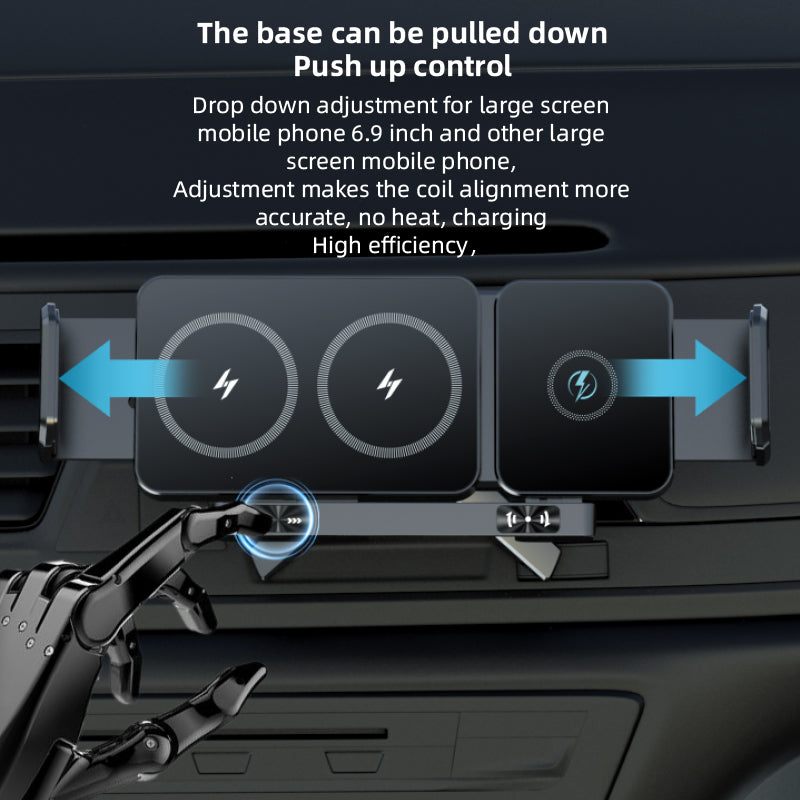 T12 Foldable Screen Rotating Car Mount with Dual Coil Wireless Charging, PC, ABS, Painted, Tempered Glass