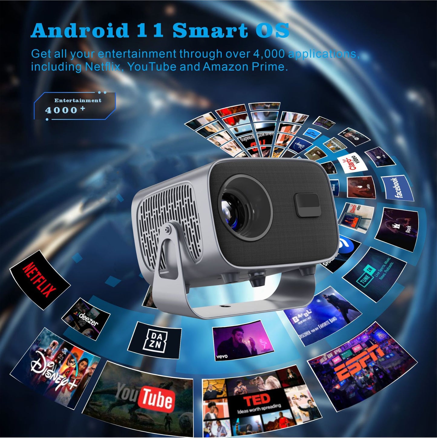 Smart Projector with Wifi and Bluetooth, Portable Movie Projector Support 4K, 5W Speaker, 30-200" Screen, Electric Focusing, Ceiling Mini Projector for Bedroom