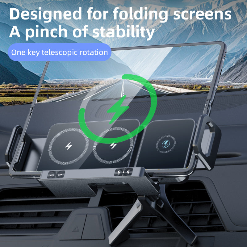 T12 Foldable Screen Rotating Car Mount with Dual Coil Wireless Charging, PC, ABS, Painted, Tempered Glass
