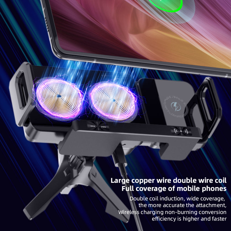 T12 Foldable Screen Rotating Car Mount with Dual Coil Wireless Charging, PC, ABS, Painted, Tempered Glass